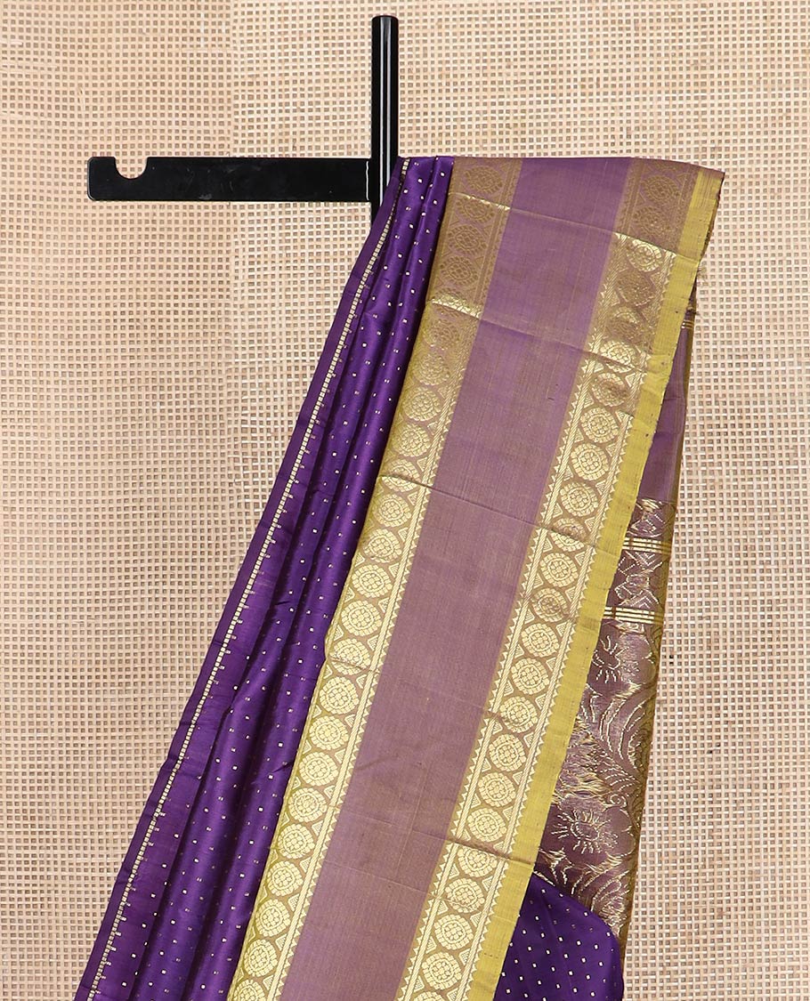 Violet buttas kanchipuram silk saree, contrast rettai pettu one-sided zari border of rekku,banaras & chakram & floral design pallu