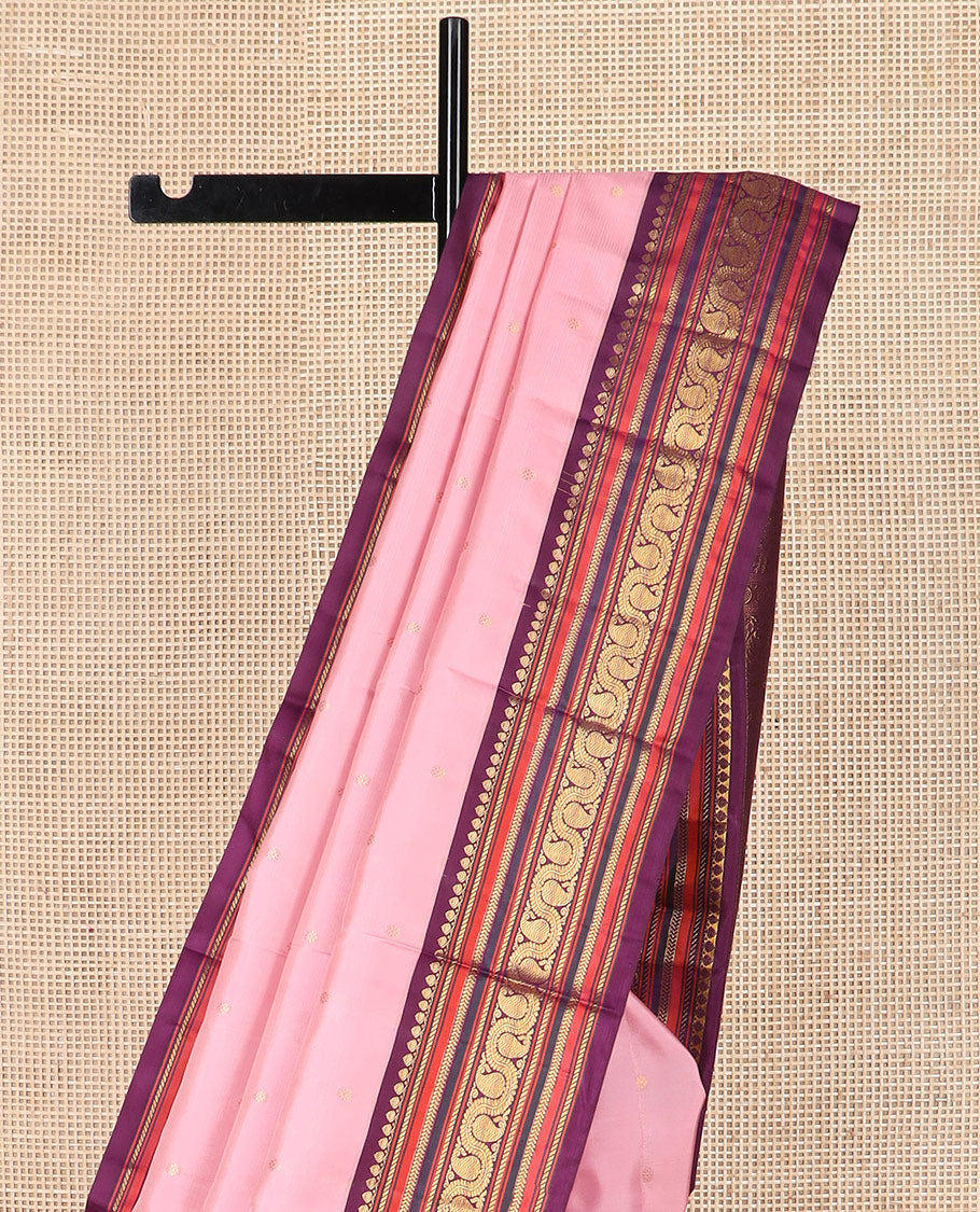 Pink zari buttas Kanchipuram silk saree, contrast border of salngai, banaras, kathir,  and dhavana kodi designs, and intricate pallu