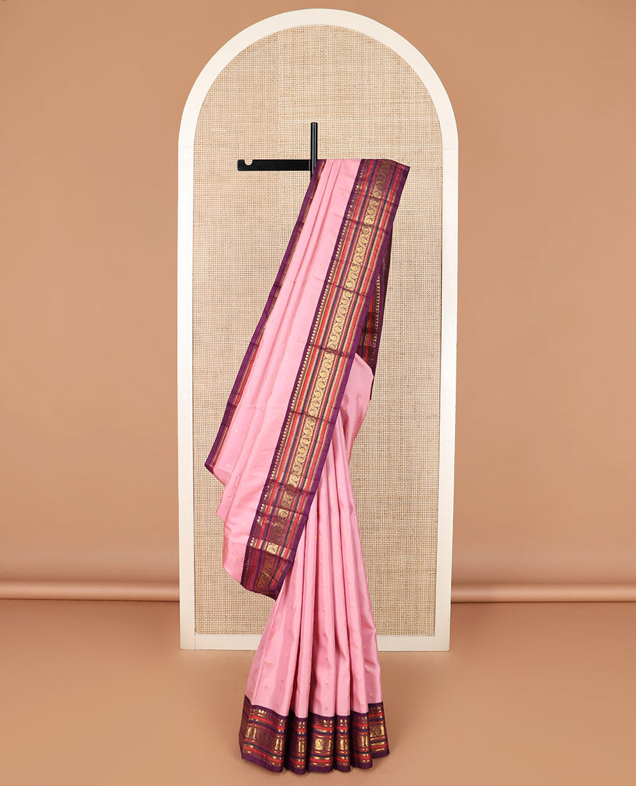 Pink zari buttas Kanchipuram silk saree, contrast border of salngai, banaras, kathir,  and dhavana kodi designs, and intricate pallu