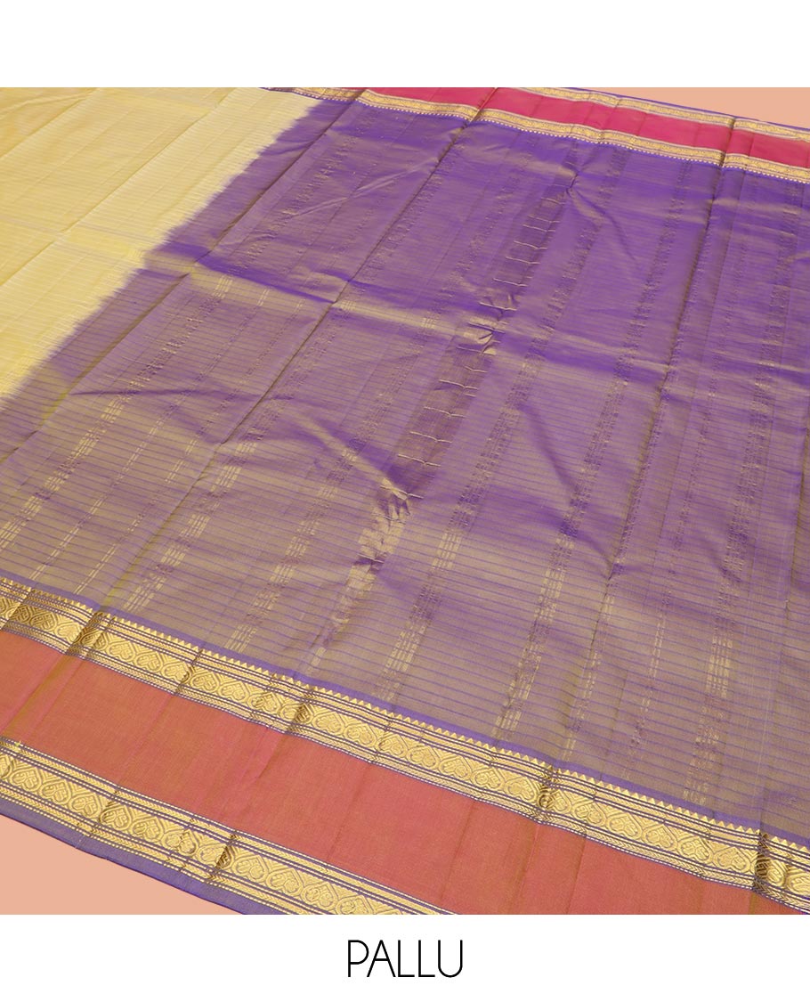 Pale Yellow Kanchipuram Silk Saree Embellished with Vazhaipoo Stripes, Complemented by Contrast Rettai Pettu Border of Rekku, Kathir, Muthu, and Jada Nagam Designs, Zari Woven Pallu, and Paired with a Contrast Blouse