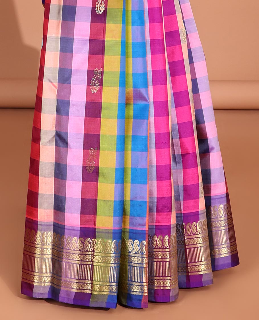 multi-colored cheked with floral , contrast border of intricate zari border & striped, floral design pallu