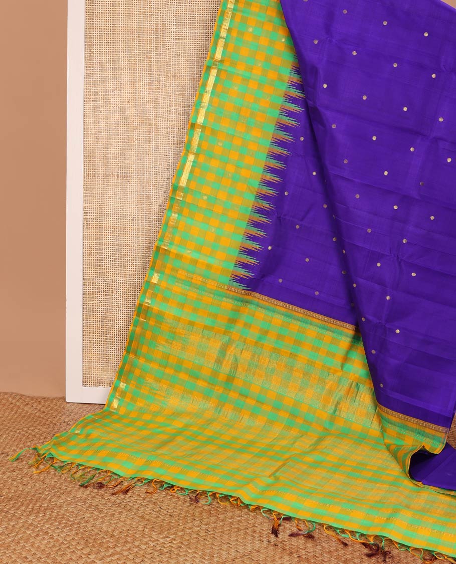Blue kancheepuram silk saree with zari buttas, contrast one-sided thazampoo reku checked border of zari buttas & checked pallu of zari designs