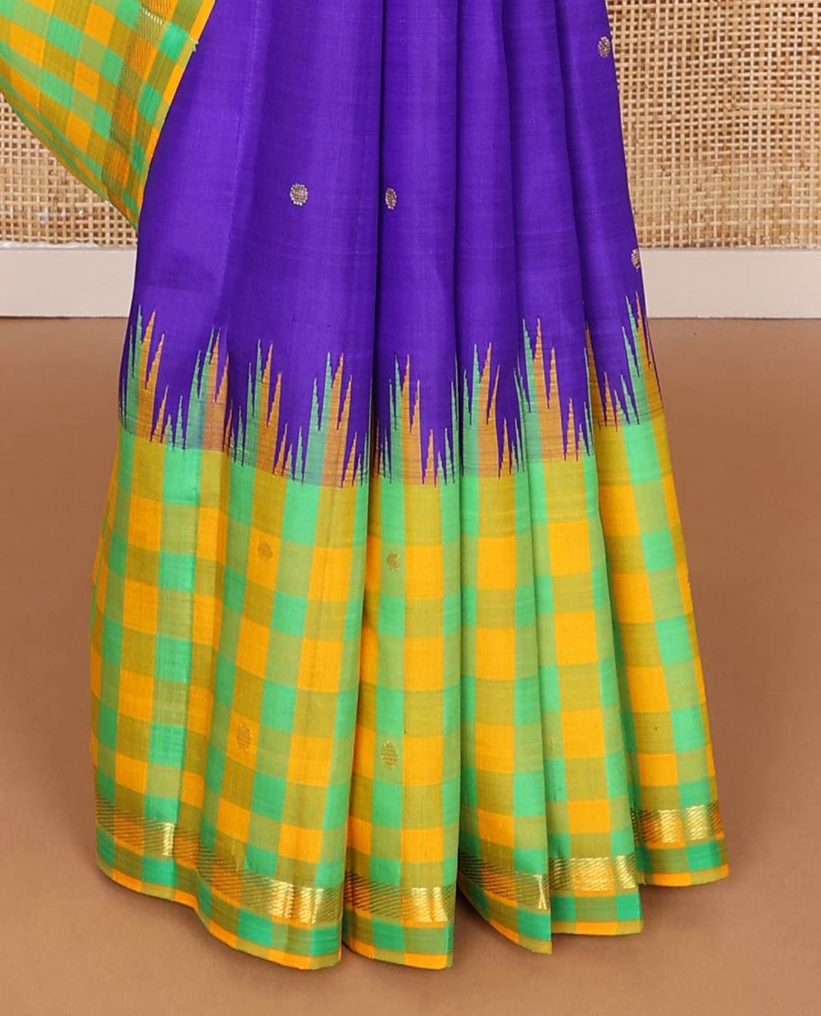 Blue kancheepuram silk saree with zari buttas, contrast one-sided thazampoo reku checked border of zari buttas & checked pallu of zari designs