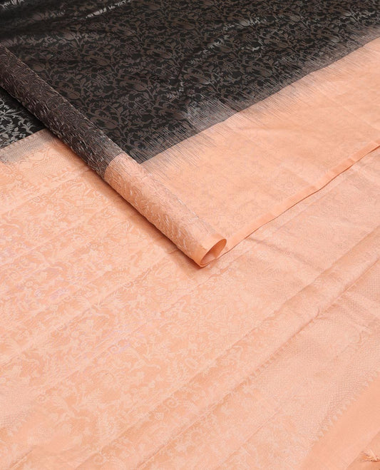 Black floral jacquard silk saree, contrast border & pallu of warli village characters