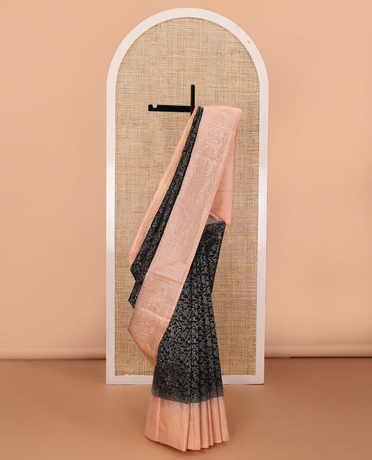 Black floral jacquard silk saree, contrast border & pallu of warli village characters