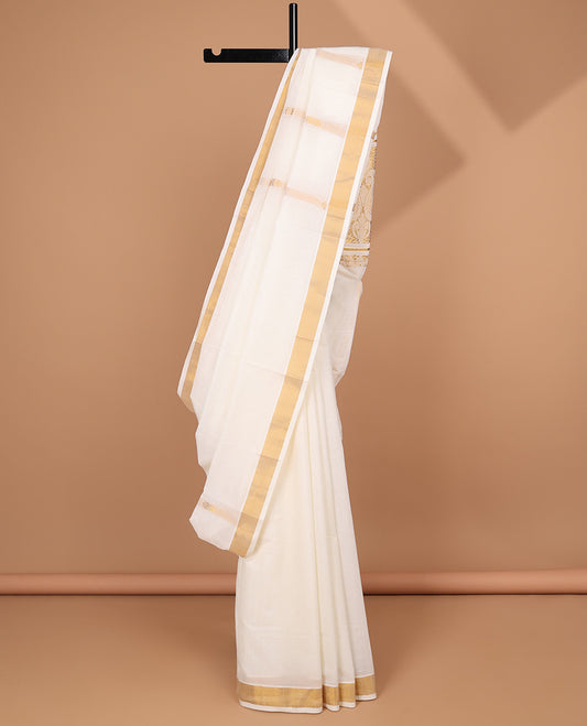 Cream kerala saree with zari stripes, zari border & pallu of floral & paisley zari designs