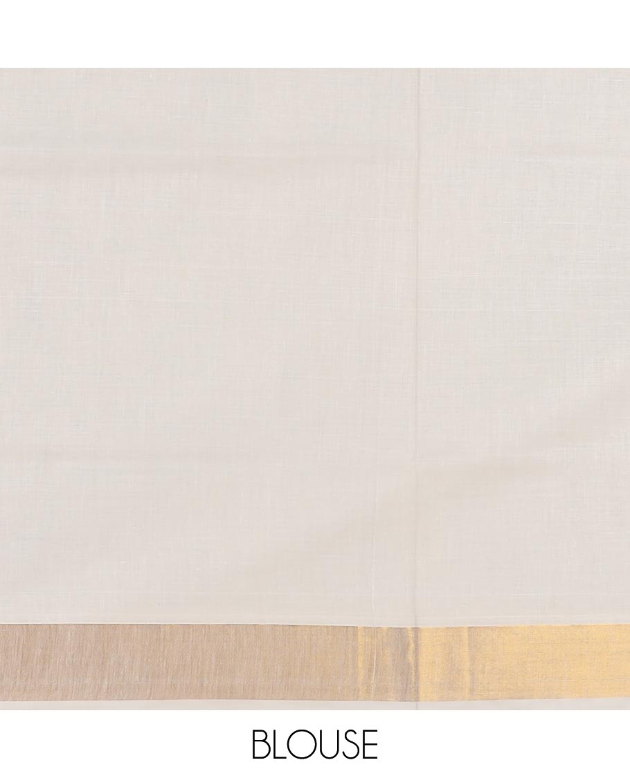 Cream floral, and paisley printed Kerala cotton saree, bavanji border, and floral, and paisley printed pallu