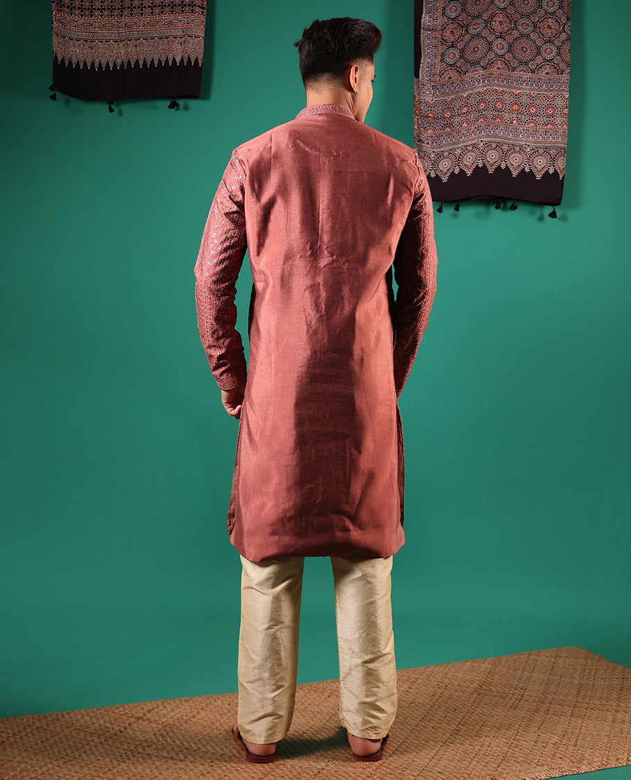 Pink sequins embroidered checked full-sleeved men's kurta