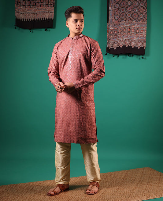 Pink sequins embroidered checked full-sleeved men's kurta