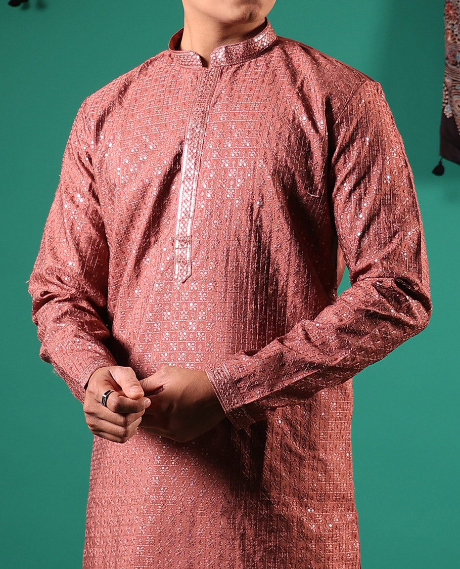 Pink sequins embroidered checked full-sleeved men's kurta