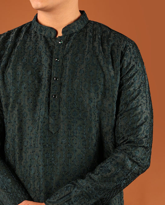 Dark Green Thread and Stone Embroidered Full-Sleeved Men's Kurta