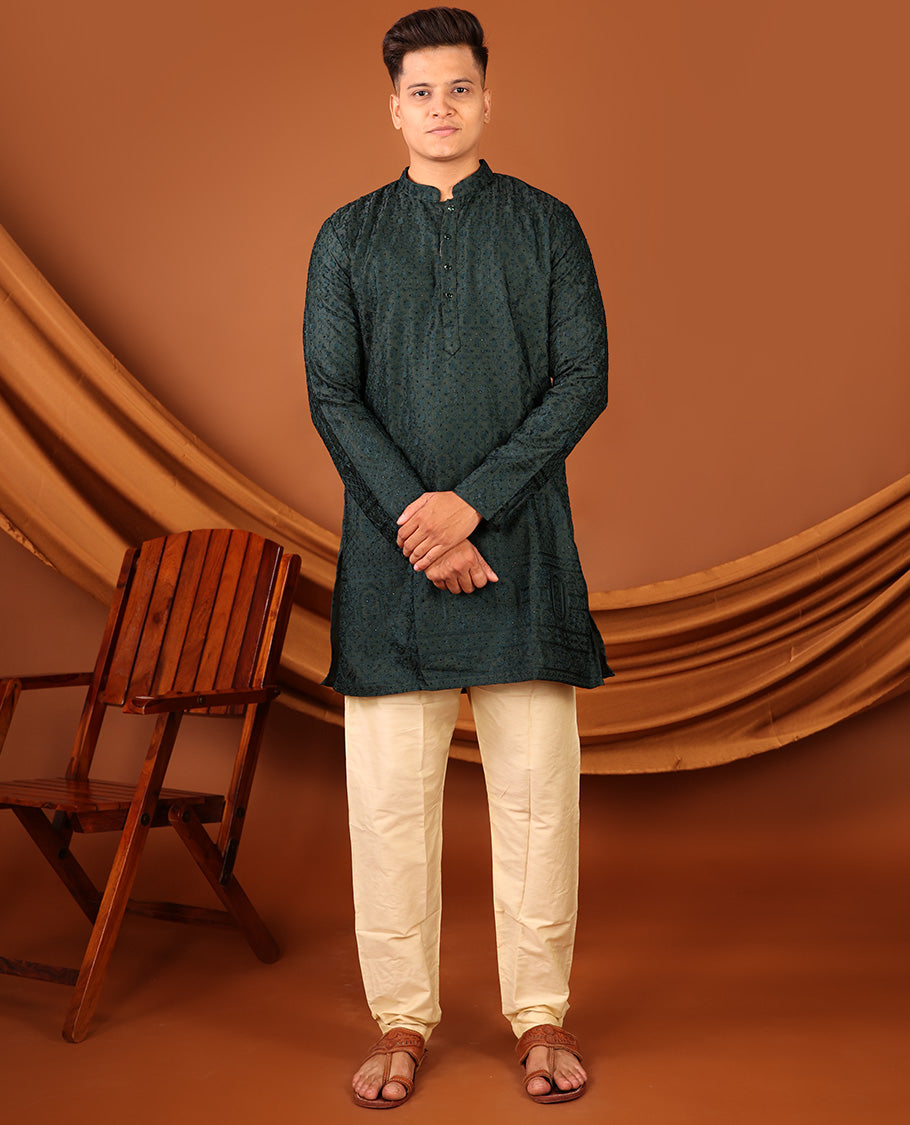Dark Green Thread and Stone Embroidered Full-Sleeved Men's Kurta