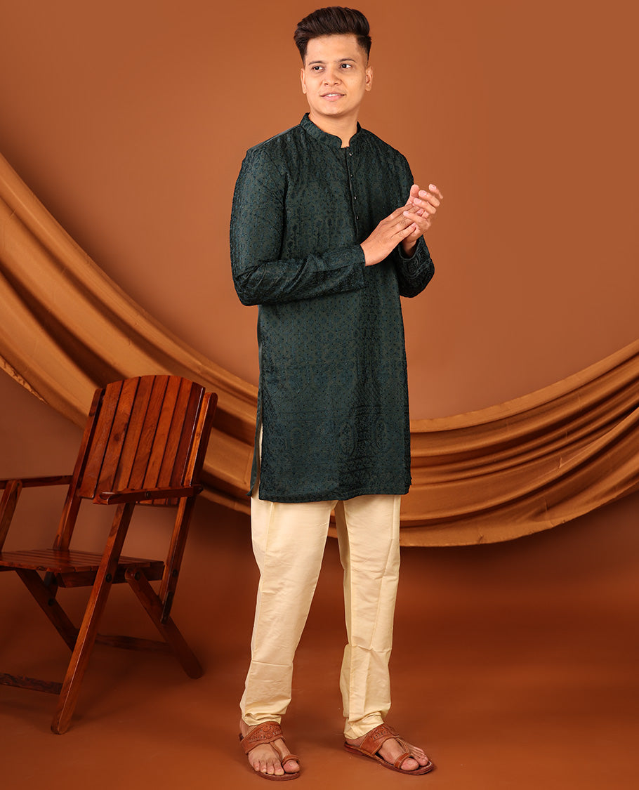 Dark Green Thread and Stone Embroidered Full-Sleeved Men's Kurta