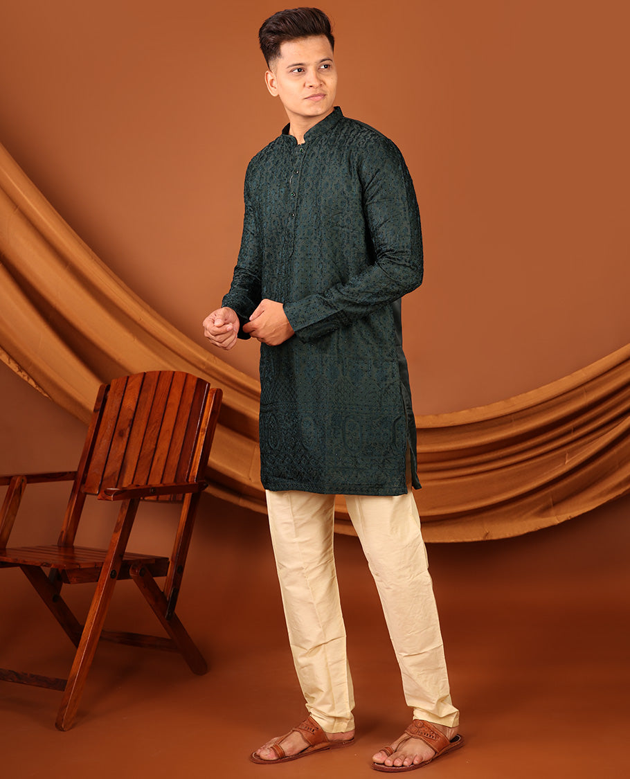 Dark Green Thread and Stone Embroidered Full-Sleeved Men's Kurta