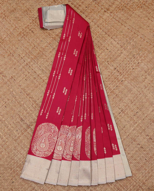 Red Litchi Saree, Detailed with Zari Buttas, a Contrast Traditional Zari Border, a Grand Pallu, and a Contrast Blouse