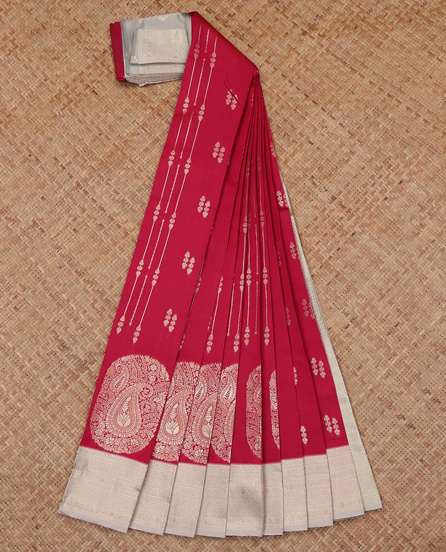 Red Litchi Saree, Detailed with Zari Buttas, a Contrast Traditional Zari Border, a Grand Pallu, and a Contrast Blouse