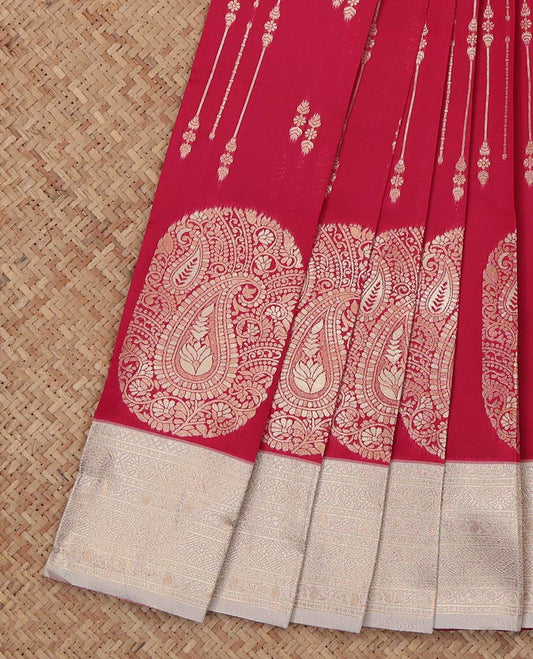 Red Litchi Saree, Detailed with Zari Buttas, a Contrast Traditional Zari Border, a Grand Pallu, and a Contrast Blouse