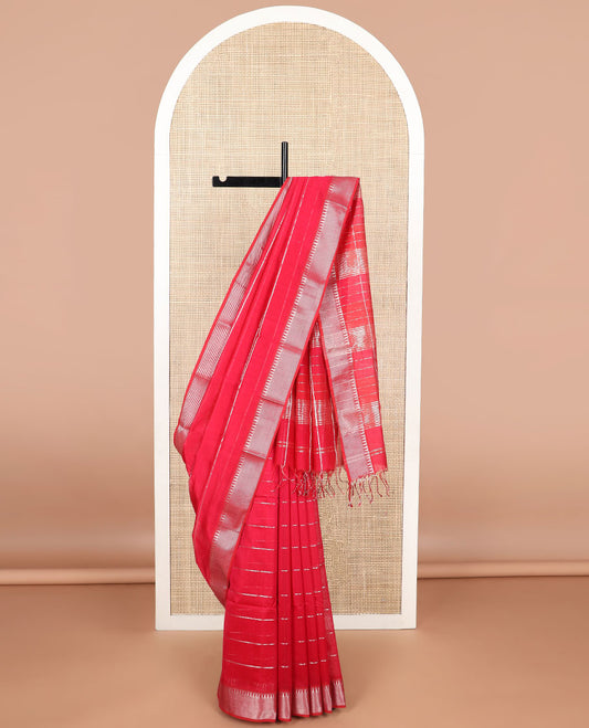 Red striped maheshwari cotton saree with self striped, temple border & checked pallu