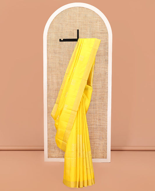 Yellow Mayuri Soft Silk Saree, Subtly Sparkled with Zari Designs All Over Its Body, Highlighted by Zari Border, Pallu of Ara Maadam Designs, and Paired with a Matching Blouse