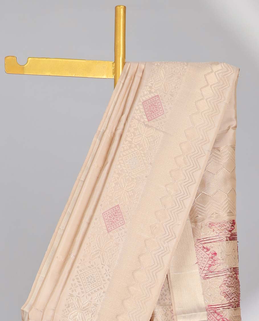Cream small buttas soft silk saree with self zari design border & pallu of argyle pattern