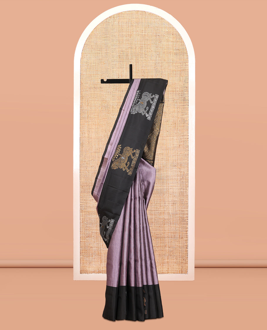 Light Lavender Mayuri Lite Silk Mix Saree, Subtly Sparkled with Muthu Stripes, Complemented by Contrast Border of Kuthirai Design, an Intricate Pallu, and a Contrast Blouse