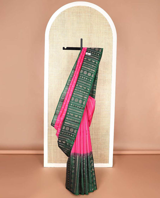 Pink checked mayuri soft silk saree with contrast traditional zari design border & floral design pallu