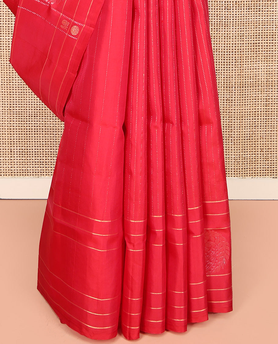 Red Mayuri Lite Silk Mix Saree, Finely Crafted with Muthu Stripes All Over Its Body, Highlighted by a Zari Butta Enclosed Checked Border, Pallu of Intricate Designs, and Paired with a Matching Blouse