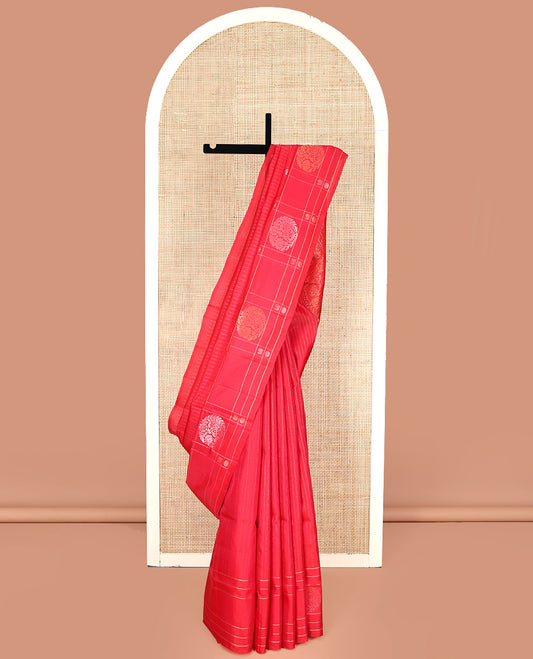 Red Mayuri Lite Silk Mix Saree, Finely Crafted with Muthu Stripes All Over Its Body, Highlighted by a Zari Butta Enclosed Checked Border, Pallu of Intricate Designs, and Paired with a Matching Blouse