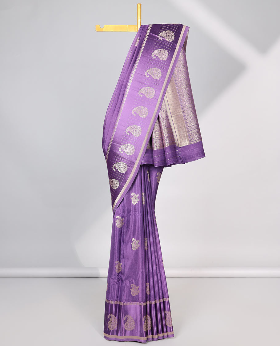 purple paisley motifs mushru silk saree with self paisley motifs border & intraicate zari border