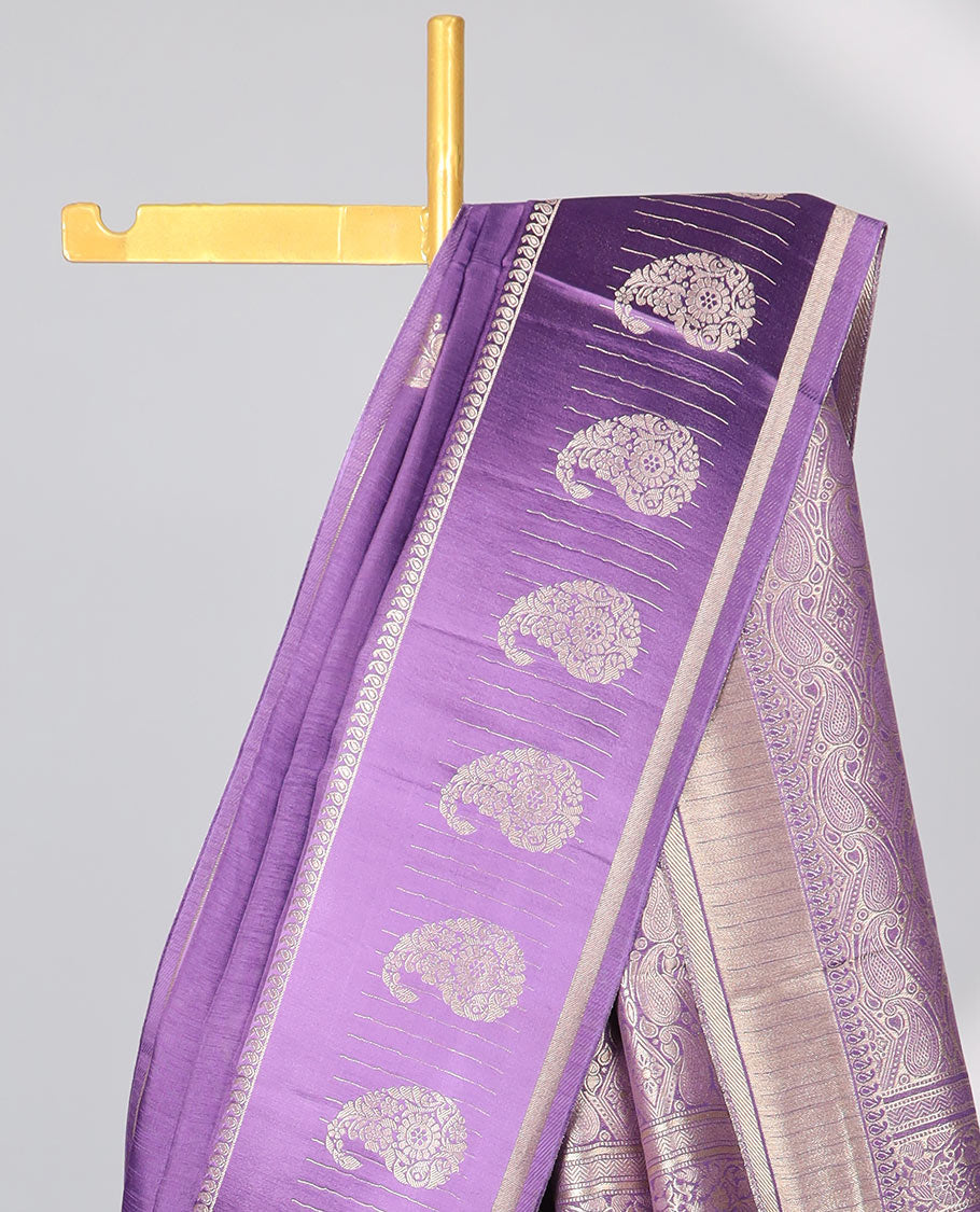 purple paisley motifs mushru silk saree with self paisley motifs border & intraicate zari border