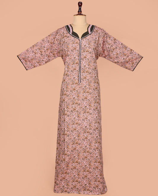 Pale Pink Cotton Nighty Embellished with Floral Print, Featuring Lace Work, Sweet-Heart-Style Front Neck, and 3/4th Sleeves