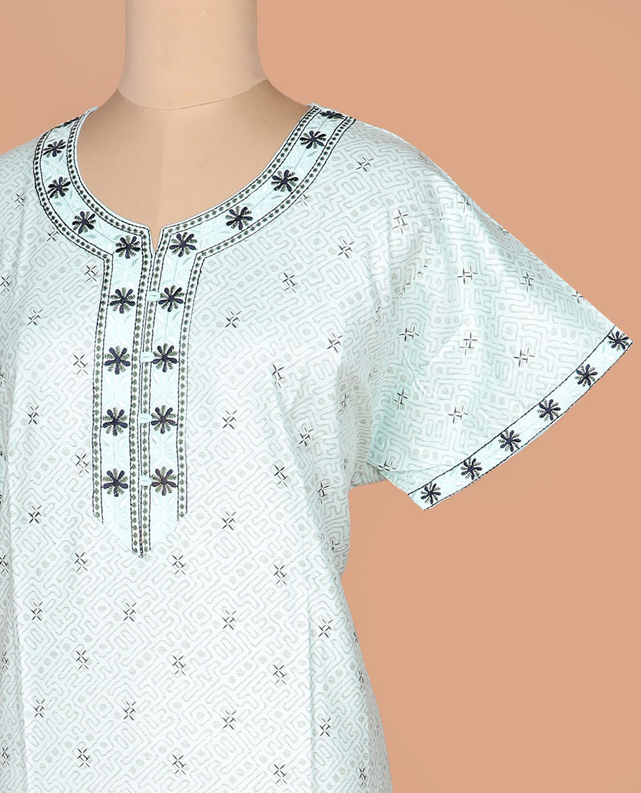 White maze like geometric printed with round neck lace work, half-sleeve nighty
