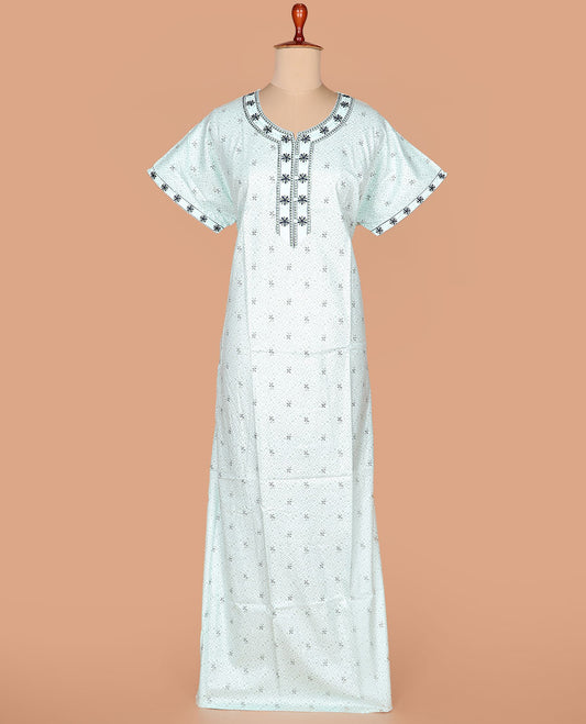 White maze like geometric printed with round neck lace work, half-sleeve nighty