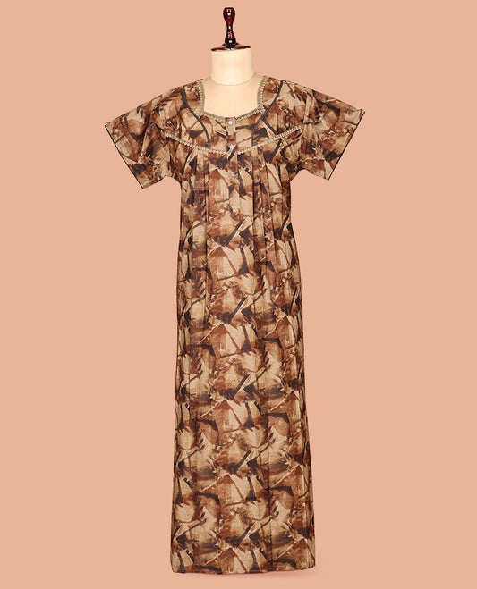 Brown Abstract Print Cotton-Blended Nighty