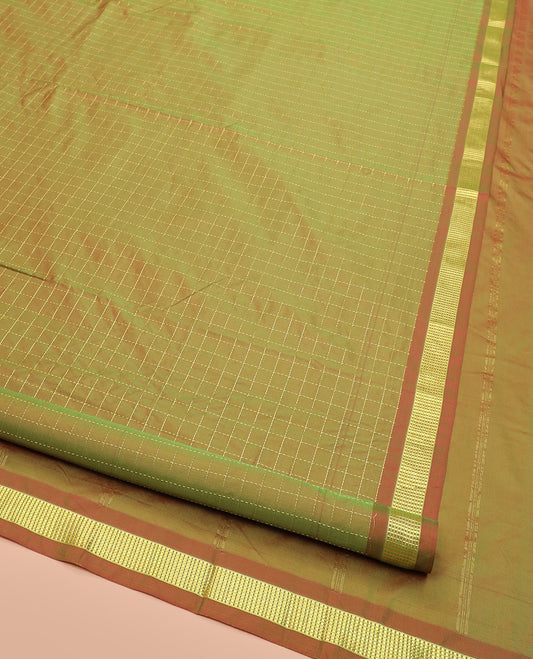 Mehendi Green Ten-Yard Art Silk Saree Featuring Micro-Checks, Subtly Sparkled with Traditional Zari Border, and Pallu of Zari Stripes