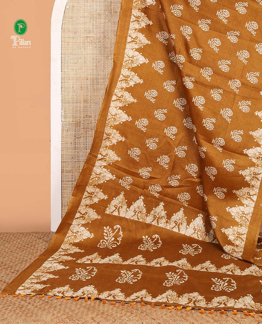 Mustard all-over pathik peacock print semi Khadi silk saree with pathil temple border & printed rich pallu along with printed blouse
