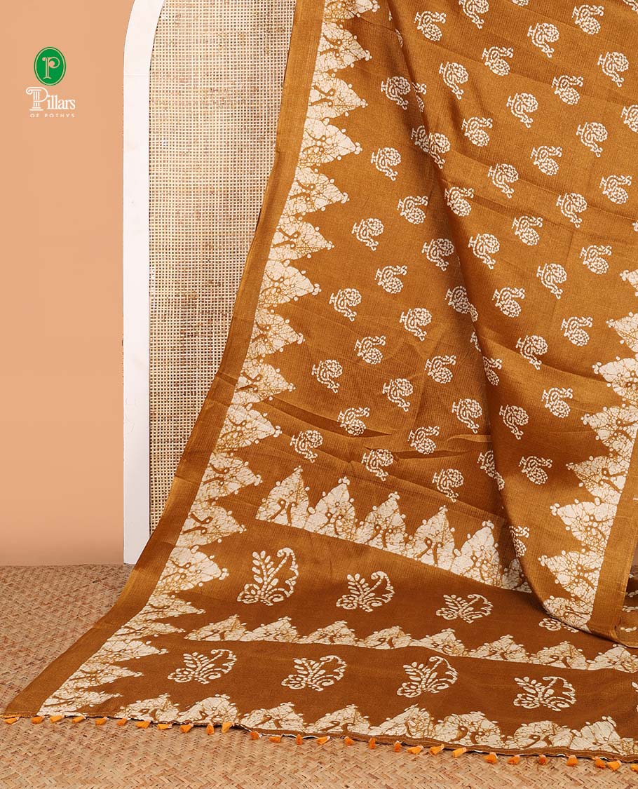 Mustard all-over pathik peacock print semi Khadi silk saree with pathil temple border & printed rich pallu along with printed blouse