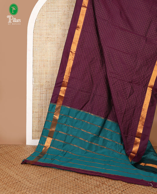 Purple zari butta mithra silk saree with zari butta border & chit pallu along with zari checked blouse