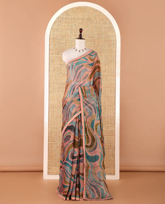 Blue digital print chiffon shimmer saree with lace border & self pallu along with printed blouse