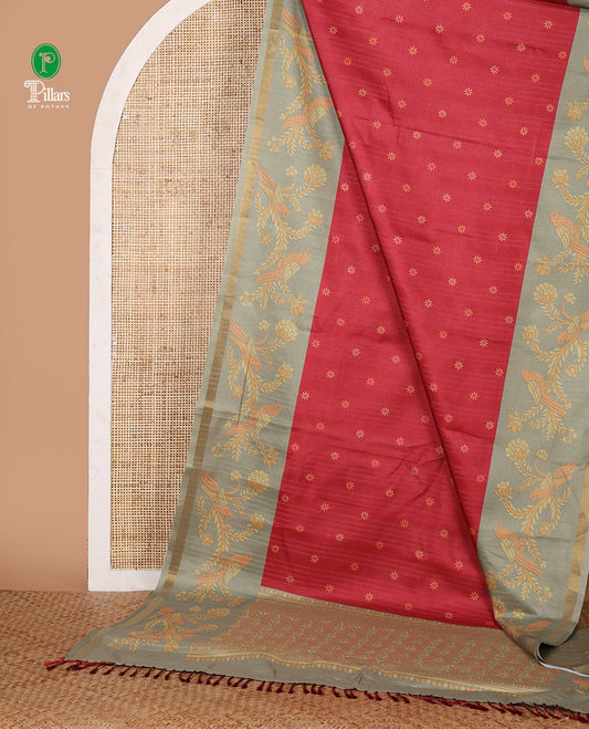 Maroon small flower butta printed katan silk saree, contrast flower & parrot motif printed border, printed pallu & blouse