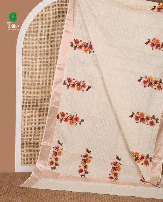 Cream zari checked & floral motifs screen printed Kerala cotton saree, zari bavanji border & screen printed  pallu