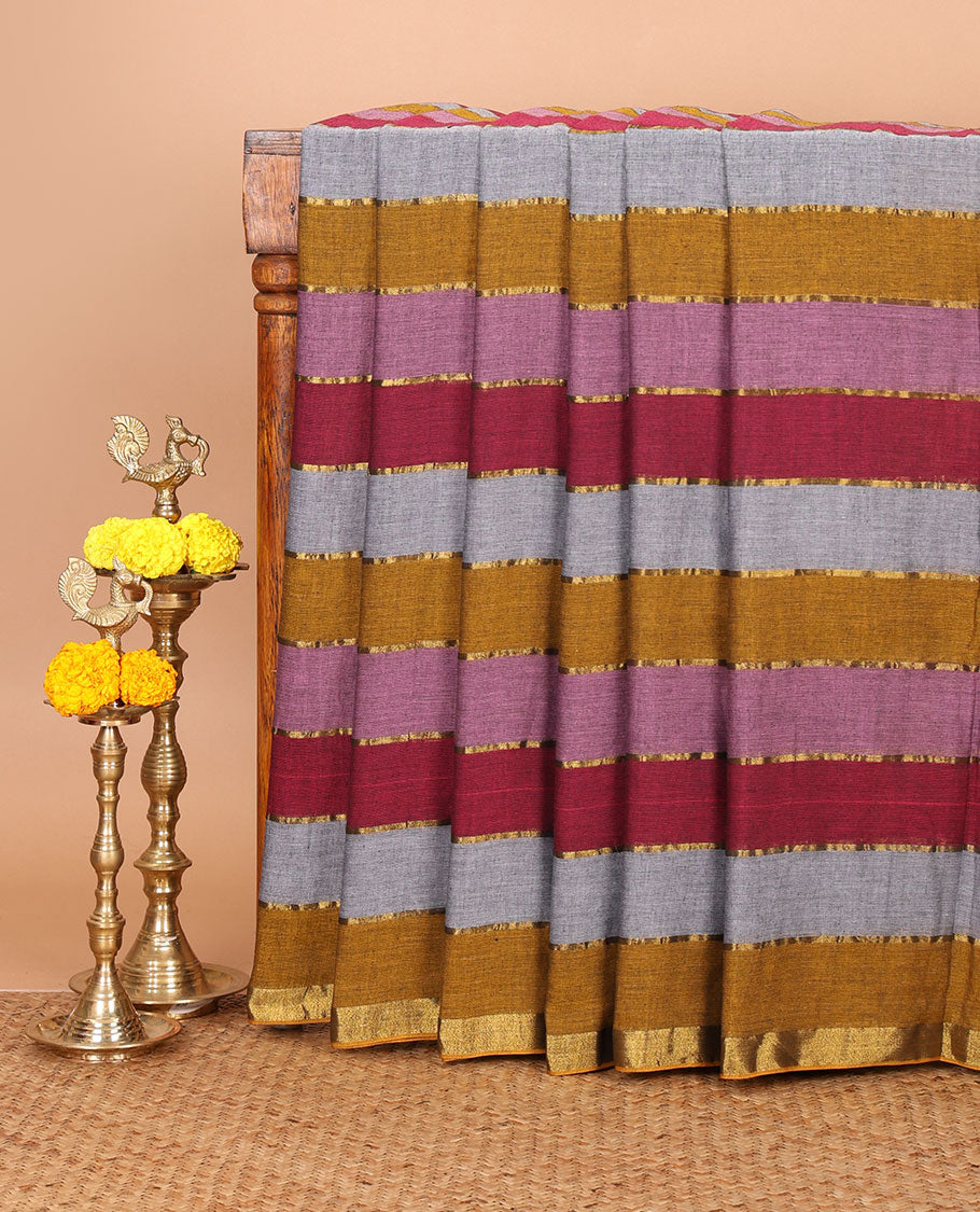 Kaleidoscope-color striped khadi cotton saree, zari piping border, multi-color tassels pallu & colorful striped blouse