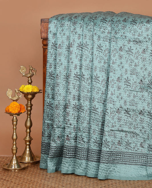 Sea blue warli-village theme printed litchi crushed saree, printed border, self-pallu & small butta printed blouse