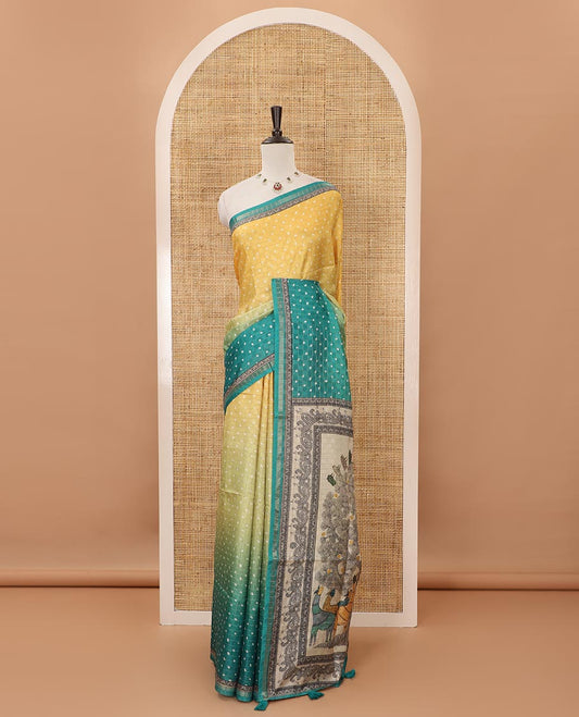 Multi-color ombre-style dyed bandhani dots print checked khadi tussar saree,piping printed border,flora-fauna printed pallu & contrast printed blouse