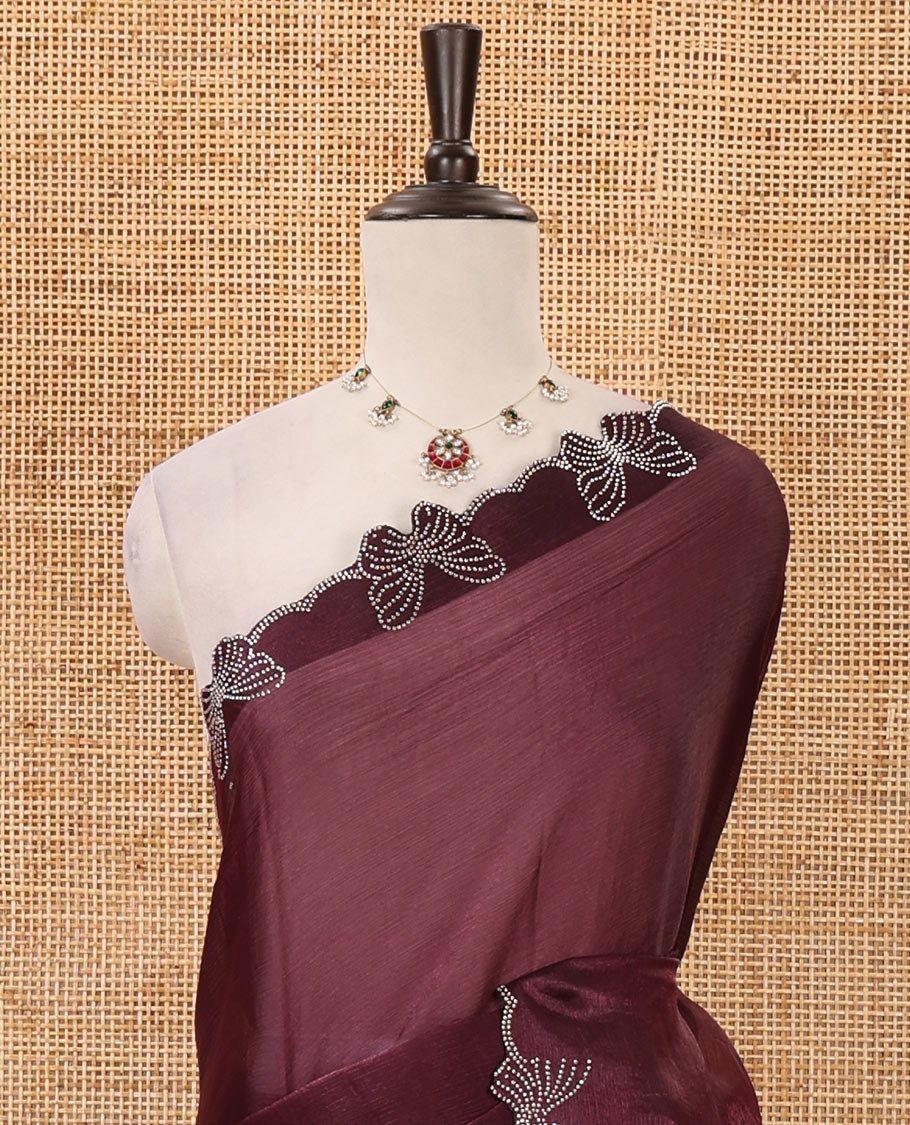 Purple full-plain Fendi chiffon saree, scallop butterfly-style Swarovski stone work border & stone work matching blouse
