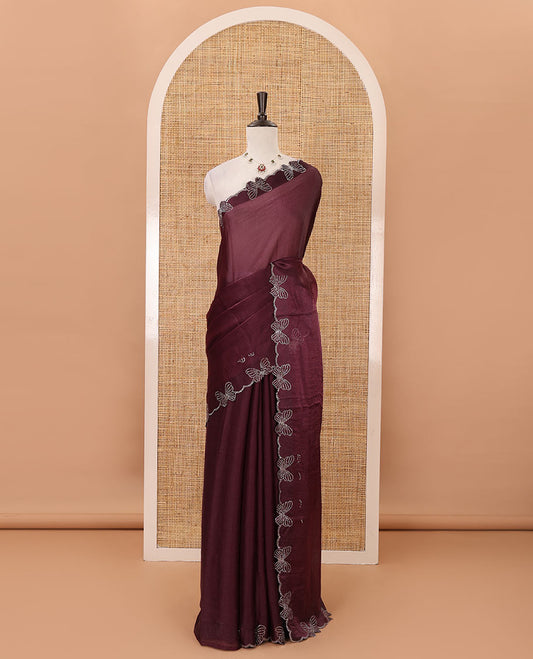 Purple full-plain Fendi chiffon saree, scallop butterfly-style Swarovski stone work border & stone work matching blouse