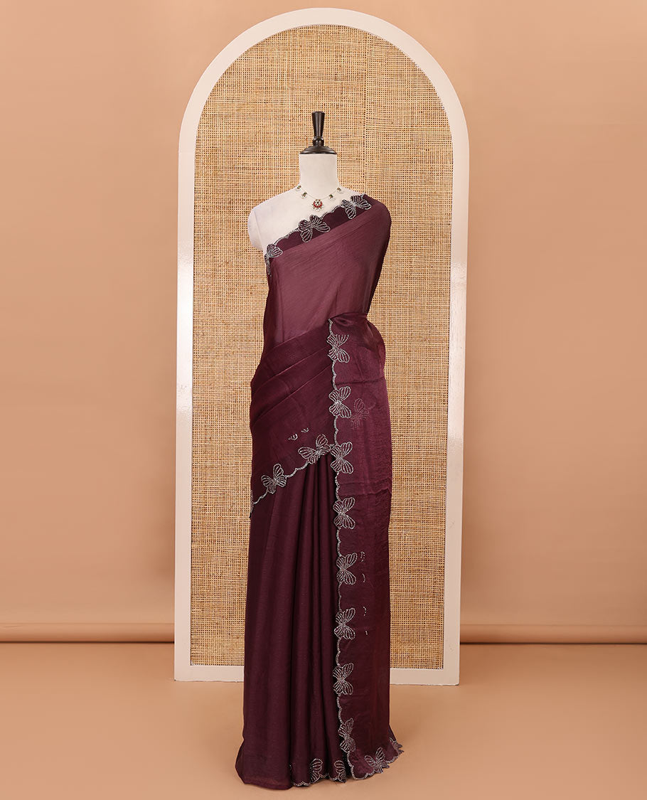 Purple full-plain Fendi chiffon saree, scallop butterfly-style Swarovski stone work border & stone work matching blouse