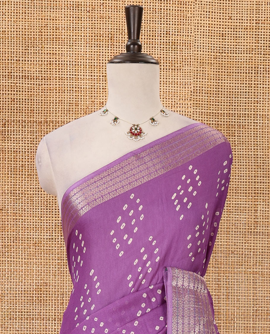 Violet Bandhani motifs printed viscose moss chiffon saree, zari design border, shibori-style pallu & blouse of zari & print work