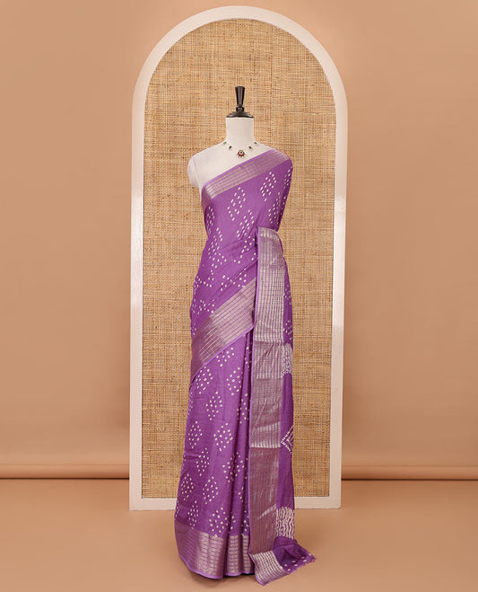 Violet Bandhani motifs printed viscose moss chiffon saree, zari design border, shibori-style pallu & blouse of zari & print work