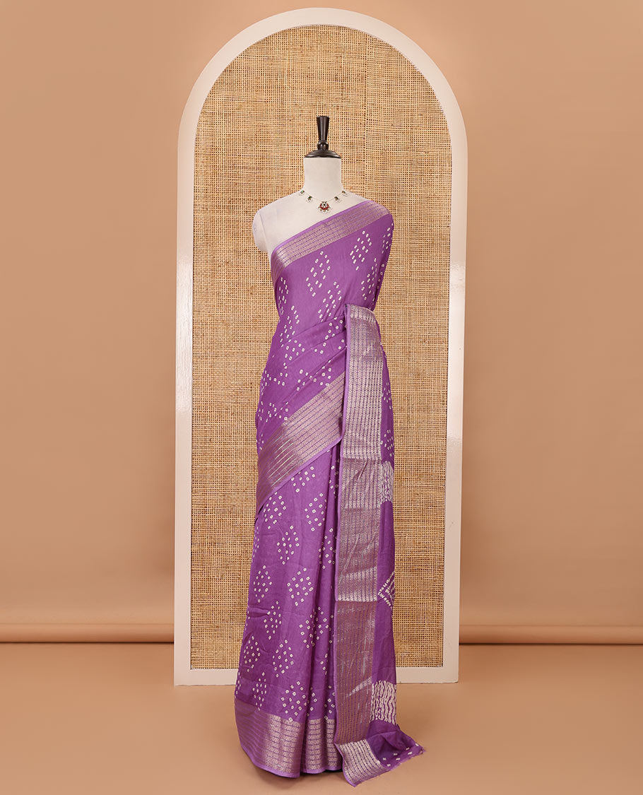 Violet Bandhani motifs printed viscose moss chiffon saree, zari design border, shibori-style pallu & blouse of zari & print work